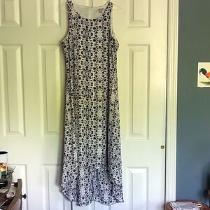 Hi Low lined dress with black, light blue, brown, and white floral print, size m